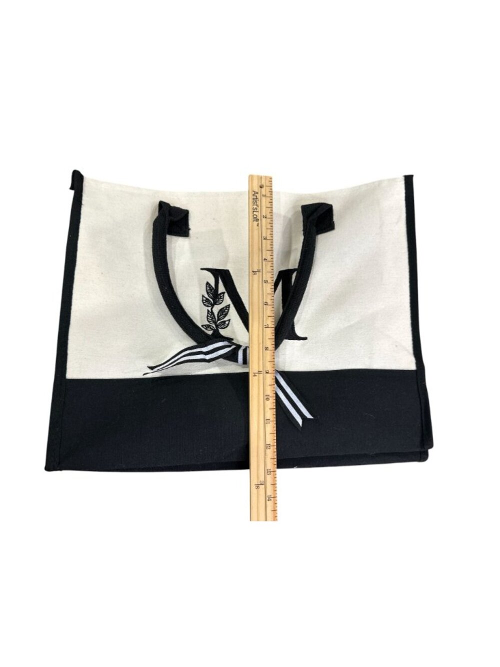 Canvas Tote Bag Set With Monogrammed Pouch Black & Cream Striped Bow Accent Zipp - Picture 5 of 8